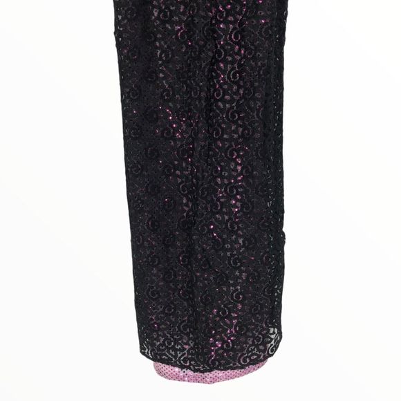 90’s Jessica McClintock Gunne Sax Black Lace Metallic Pink Dot Square Neck Dress - Picture 4 of 13